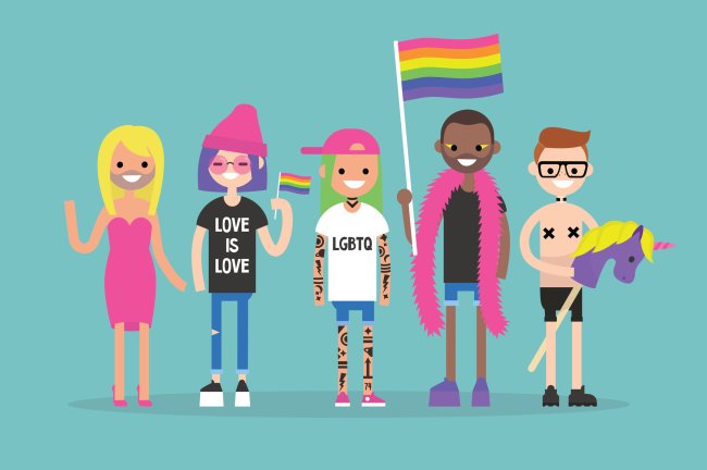 Identidade, expressão de gênero e orientação sexual: o que significam? Ilustração com pessoas de diferentes estilos que fazem parte da comunidade LGBTQIA+