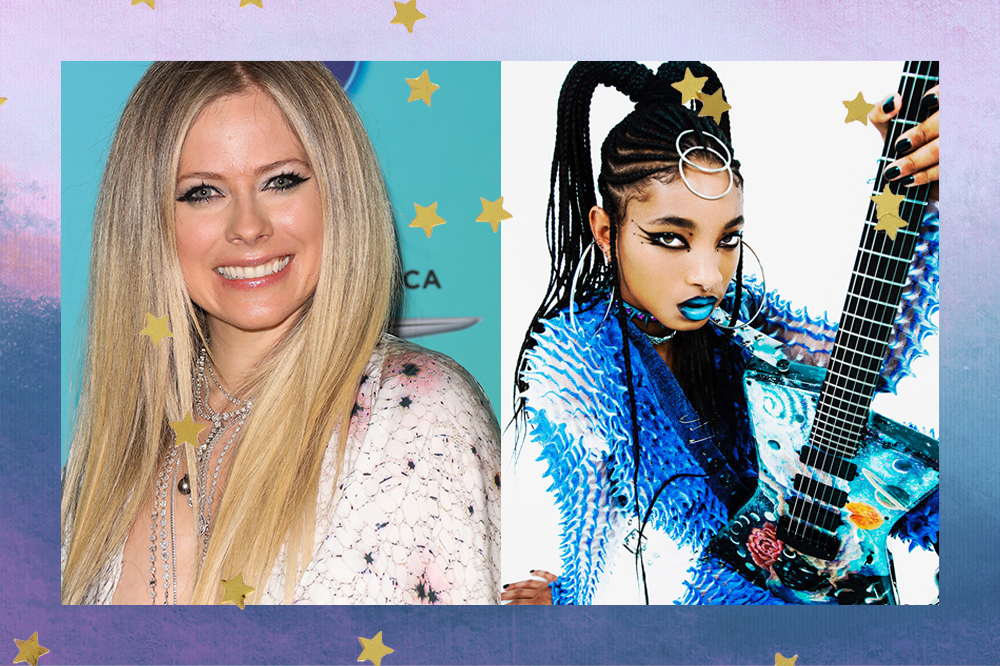 Montagem com imagem de Avril Lavigne sorrindo em um fundo azul e na direira Willow aparce sentada com uma mão apoiada no chão e a outra segurando uma guitarra azul