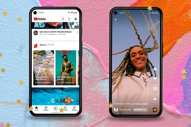 Colagem com dois celulares que mostram a interface do Youtube Shorts