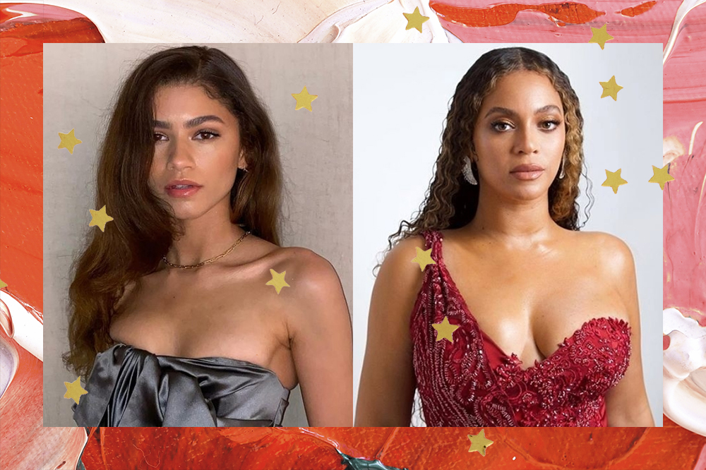 Montagem com foto da Zendaya e da Beyoncé. Zendaya, à esquerda, está usando um top corset cinza sem alças e com expressão facial séria. Beyoncé, à direita, também com expressão séria, está com um vestido vermelho de brilhos e um ombro só. O fundo é em tinta vermelha e rosa e possui estrelinhas douradas.