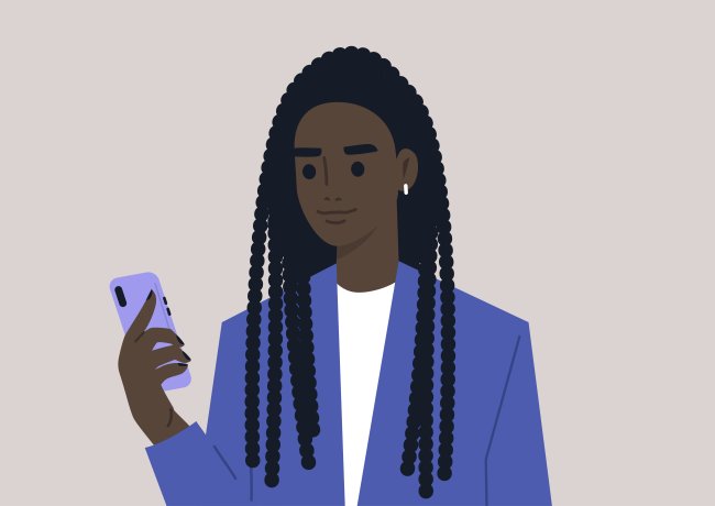 millenials Jovem mulher, de traças, blusa branca e blazer azul, segurando o celular