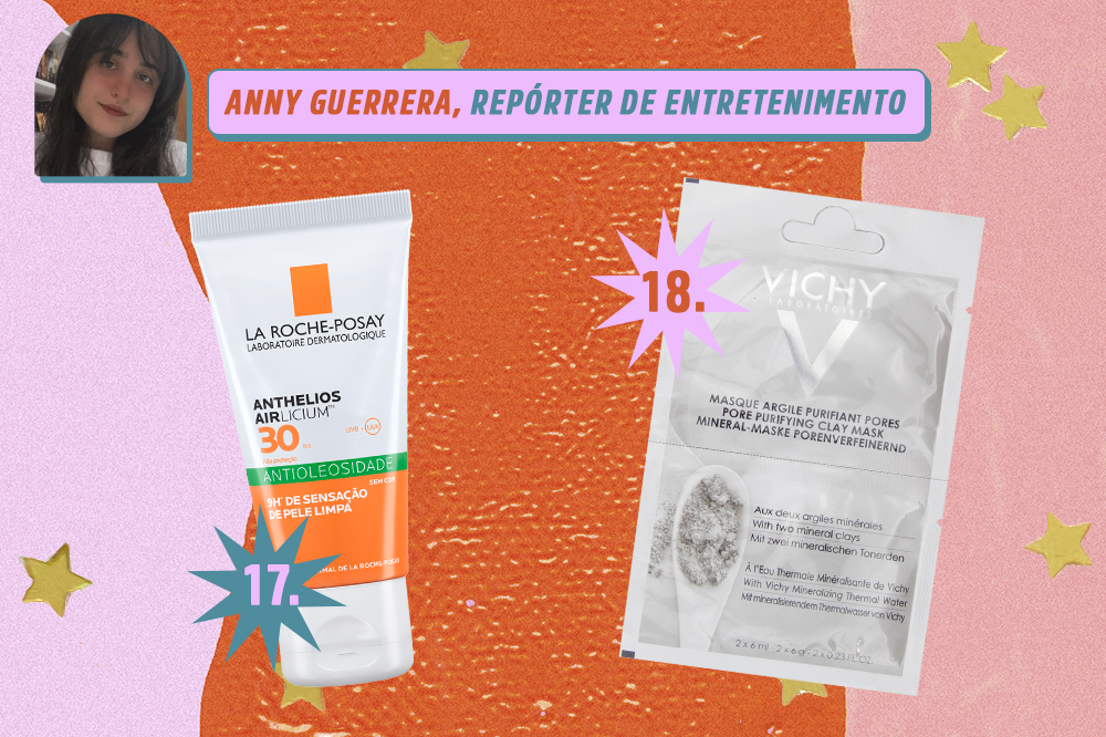 Montagem com dois produtos de beleza, um protetor solar e uma máscara facial. Indicações de Anny Guerrera, repórter de entretenimento da CAPRICHO. O fundo é laranja, rosa e lilás com estrelas douradas.