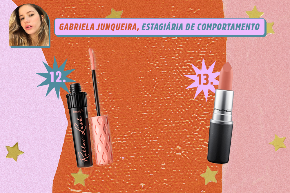 Montagem com dois produtos de beleza: uma máscara de cílios e um batom nude. Indicações de Gabriela Junqueira, estagiária de comportamento da CAPRICHO. O fundo é laranja, rosa e lilás com estrelas douradas.