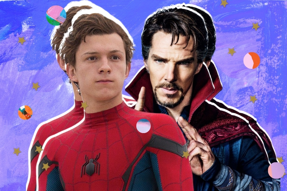 Montagem com fundo azul e roxo, com os personagens Peter Parker e Doutor estranho.