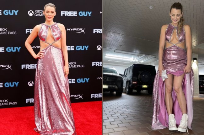 blake-lively-tenis-tapete-vermelho Montagem com duas fotos da atriz Blake Lively. Na primeira foto ela está com o vestido rosa usado no tapete vermelho da premiere do filme