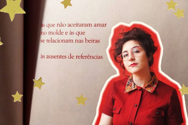 A foto da autora Gabriela Soutello sobre uma página de um livro escrito por ela