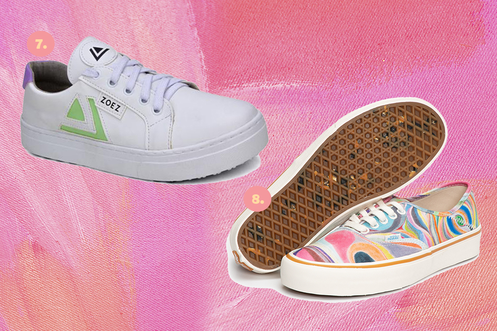 tenis-sustentaveis-ecologicos-04 Montagem em fundo rosa com dois tênis, um branco com verde e um todo colorido com sola branca.