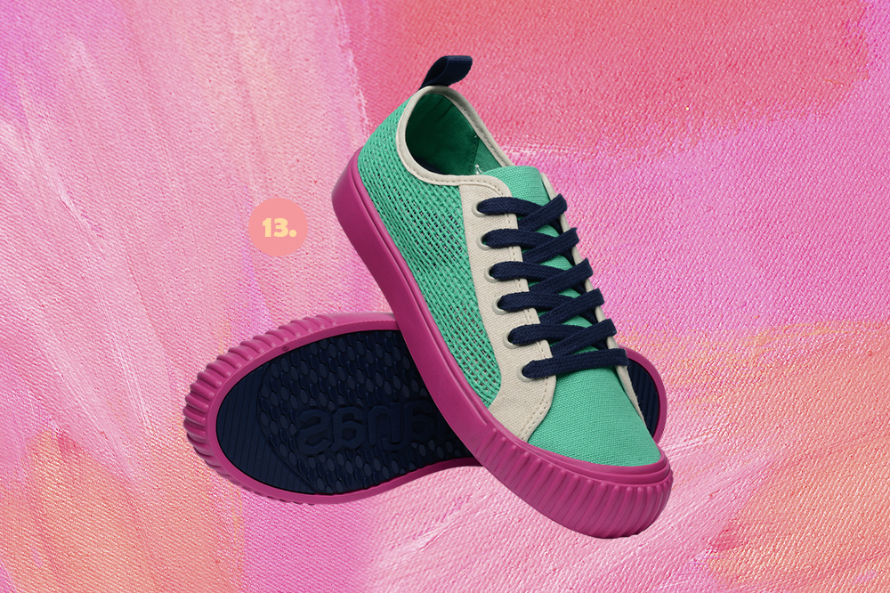 tenis-sustentaveis-ecologicos-07 Tênis da Havaianas em tons de verde, roxo e azul em um fundo rosa
