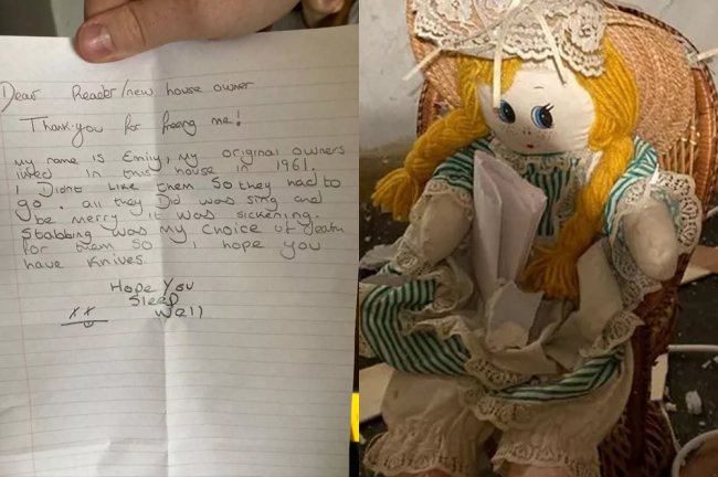 Foto de uma boneca ruiva encontrada escondida na parede de uma casa junto de um bilhete dizendo que ela havia matado os familiares daquela casa nos anos 60