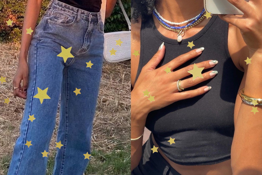 Montagem com duas fotos e estrelinhas douradas por cima delas. À esquerda, dá para ver as pernas de uma garota usando calça jeans. À direita, dá para ver a regata cropped preta de uma garota que está com uma das mãos em cima do colo dos seios e tirando foto com o celular em frente ao espelho.