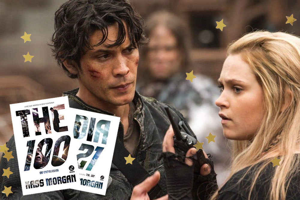 Bellamy e Clarke em cena de The 100; ele está olhando para ela intrigado enquanto a personagem olha para o lado confusa; ele está sujo e com machucados com sangue no rosto enquanto Clarke segura um walkie-talkie com uma luva preta com as pontas do dedo expostas; sobreposta a imagem estão as capas brancas dos livros The 100 e Dia 21; estrelas amarelas decoram a imagem