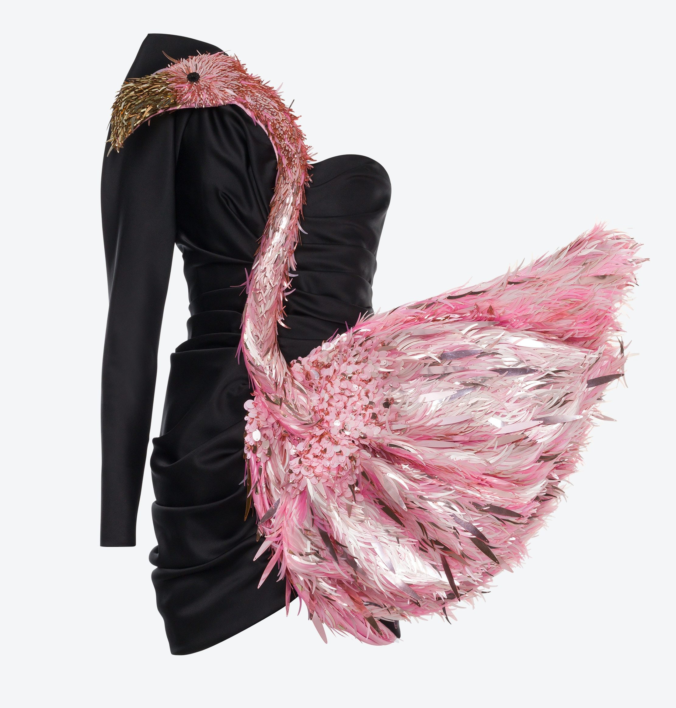 Vestido preto de um ombro só com flamingo aplicado da Moschino