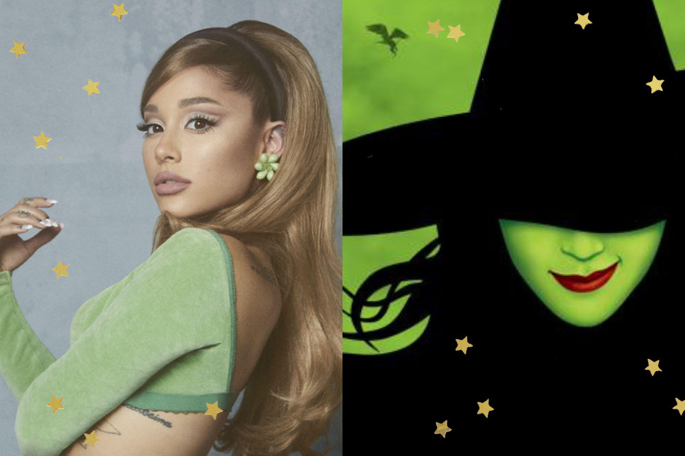 Montagem de fotos. À esquerda, foto da cantora Ariana Grande com roupa verde, cabelos loiros em rabo de cavalo e brinco de flor. À direita, foto do musical Wicked; desenho de uma bruxa de pele verde, cabelos e roupa preta e batom vermelho.