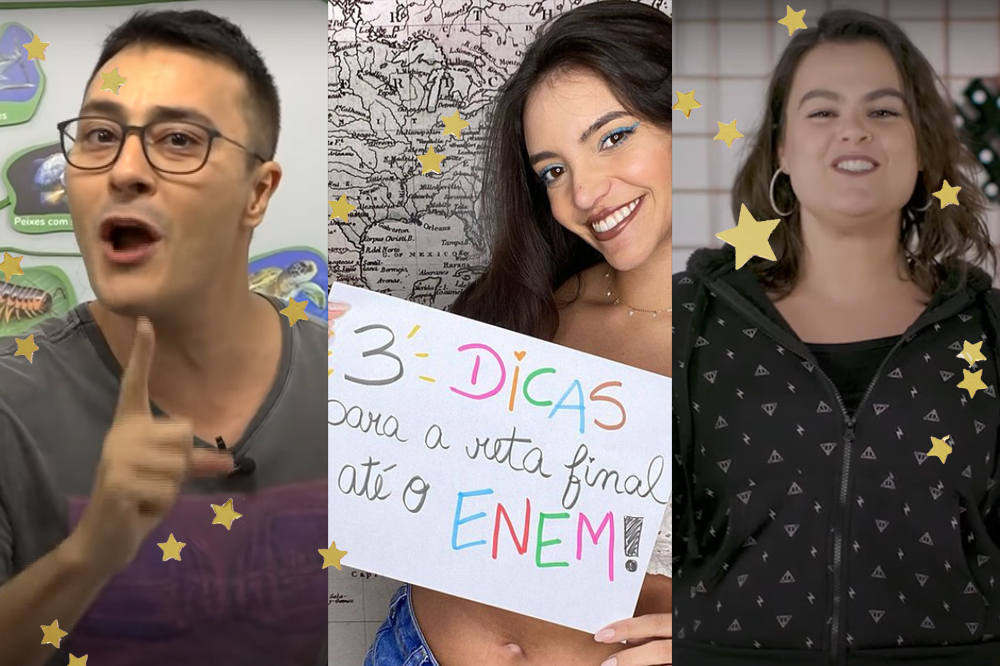 Print de alguns vídeos de YouTubers de Educação. Estão todos falando e olhando para a câmera.