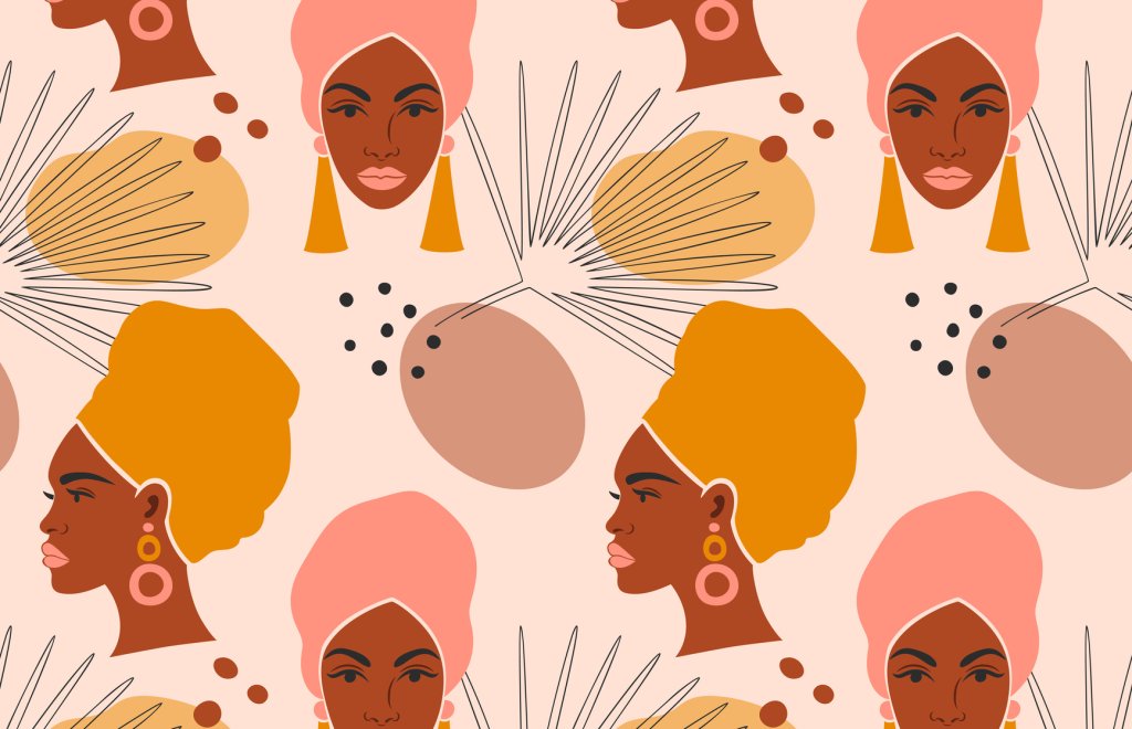 Ilustração em rosa e amarelo de mulheres negras usando turbantes coloridos