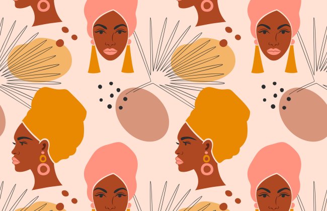 Ilustração em rosa e amarelo de mulheres negras usando turbantes coloridos