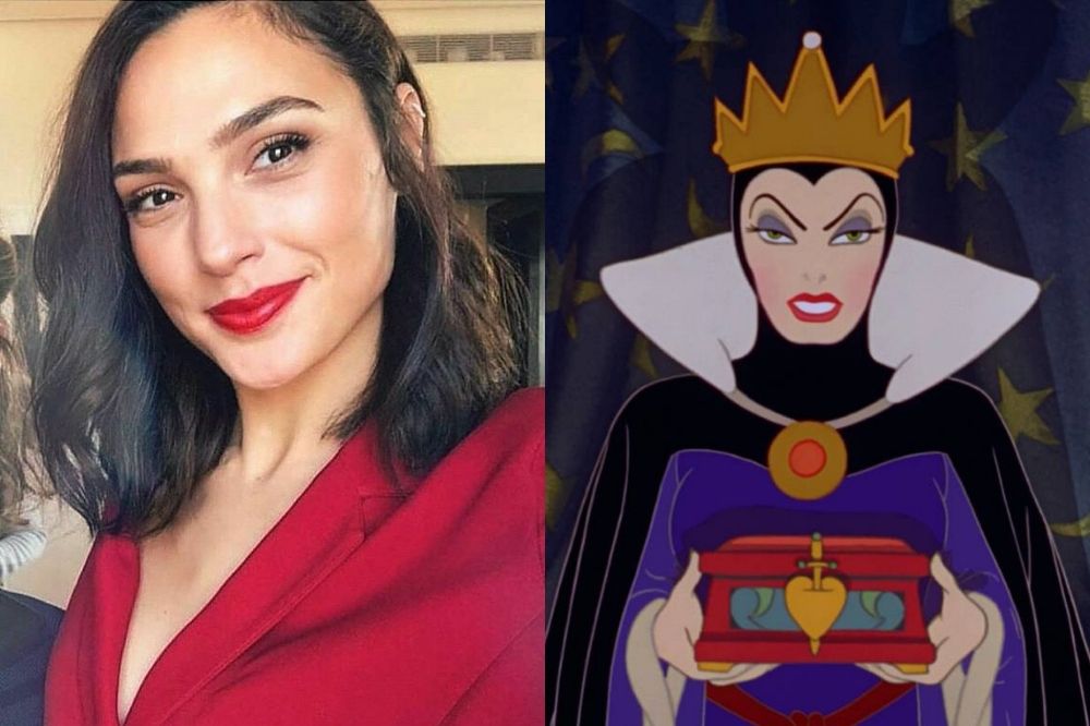 Montagem de fotos. À esquerda, uma foto da atriz Gal Gadot, com cabelos pretos, batom e roupa vermelha. À direita, uma foto da Rainha Má, vilã do desenho animado Branca de Neve, com coroa dourada, roupa preta e roxa e uma caixa na mão.