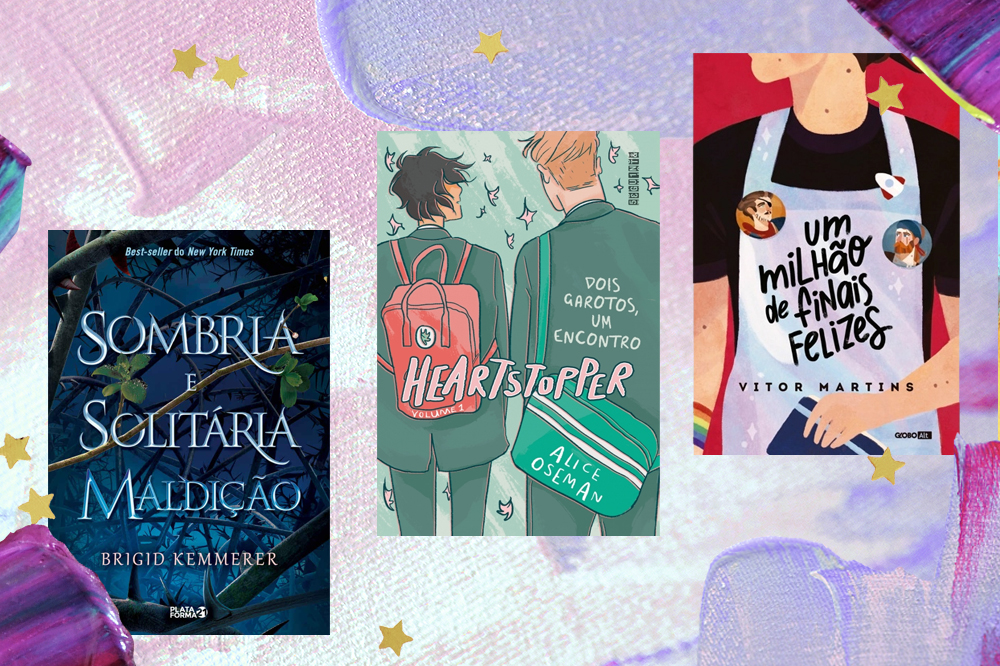 Colagem com as capas de Sombria e Soliitária Maldição, Heartstopper e Um Milhão de Finais Felizes; na primeira o nome do livro está escrito em azul em um fundo azul mais escuro com folhas verdes em volta; na segunda dois meninos estão de costas andando, um deles tem cabelo preto e o outro loiro, a cor predominante na imagem é verde sendo que a bolsa do loiro é verde e a de Charlie, de cabelo preto, é vermelha; uma pessoa de avental colorido com uma camiseta preta por baixo, só é possível ver abaixo do pescoço e acima da barriga do personagem, que tem o nome do lirvo escrito em preto no avental tie-dye; o fundo é uma textura de tons de tintas nas cores rosa, roxo, azul e branco; estrelas amarelas decoram a imagem