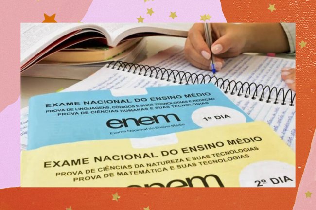 Enem Foto de duas capas das provas do Enem, sendo uma azul e uma amarela. Ao fundo, um estudante anotando algo.