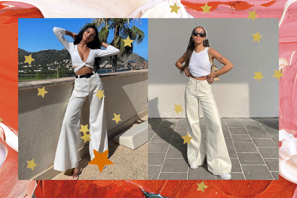 Montagem mostra, de um lado, Emilly Nunes, modelo indígena, usando um look todo branco com blusa de manga e amarrações. A imagem destaca uma sacada, um céu ensolarado e uma praia ao fundo. Ela olha para a câmera com os olhos fechados, sorridente e com os braços levemente dobrados e mãos apoiadas atrás da cabeça. De outro, Amaka Hamelijnck, influencer nigeriana, usando regata dobrada e uma calça wide leg branca. A imagem destaca um fundo branco com a parede ensolarada. Ela olha em direção à câmera com óculos escuros e mãos apoiadas na cintura.