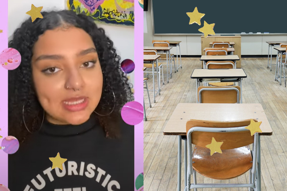 À esquerda, foto da Bruna Nunes, estagiária da CH. Ela tem o cabelo preto e cacheado e veste um moletom preto. À direita, foto de uma sala de aula cheia de carteiras