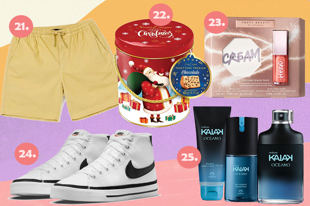 Montagem com cinco sugestões de presente de Natal em fundo amarelo, lilás e rosa. Tem um short bege, um panetone, um kit de maquiagem da Fenty Beauty, um tênis branco da Nike e um kit masculino da Natura.