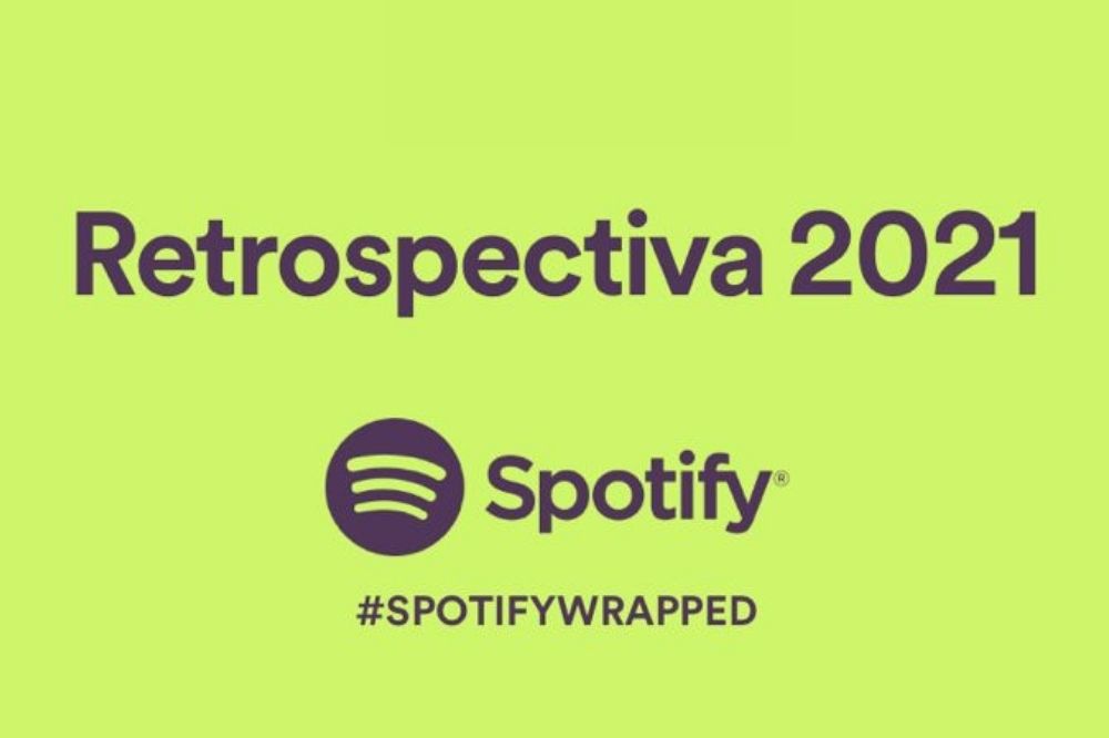 Fundo verde com escritos em roxo sobre a retrospectiva do Spotify e o logo do aplicativo.