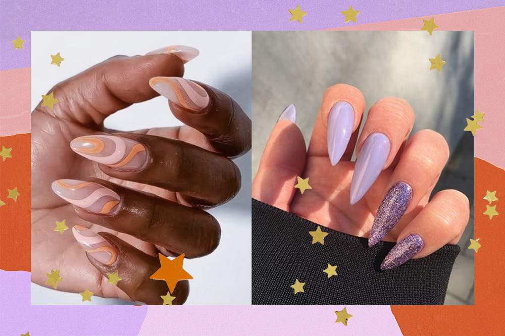 Montagem mostra, de um lado, unhas com formato amendoado esmaltadas em base esbranquiçada e nail art no estilo groovy swirl em tonalidades alaranjadas. De outro, unhas esmaltadas em roxo pastel, exceto o dedinho e anelar, que seguem com esmaltação escura e muito glitter.