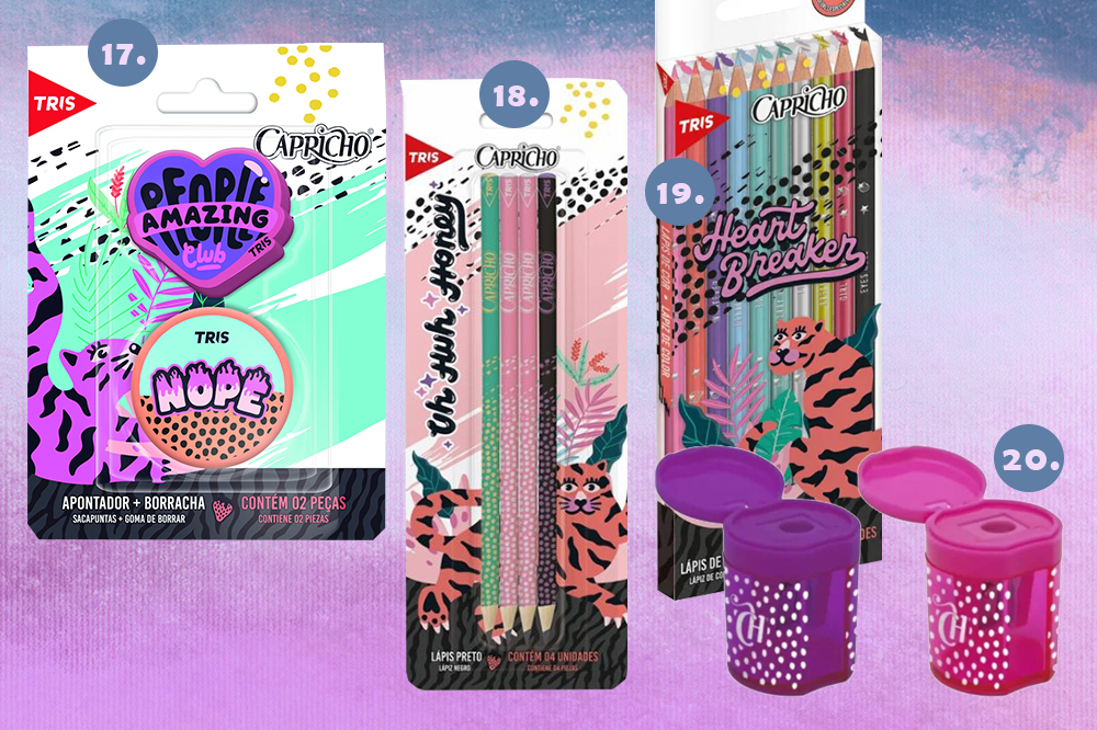 material-escolar-capricho-2022-06 Montagem em fundo degradê azul, lilás e roxo com dois kits de lápis e dois kits de apontadores da CAPRICHO