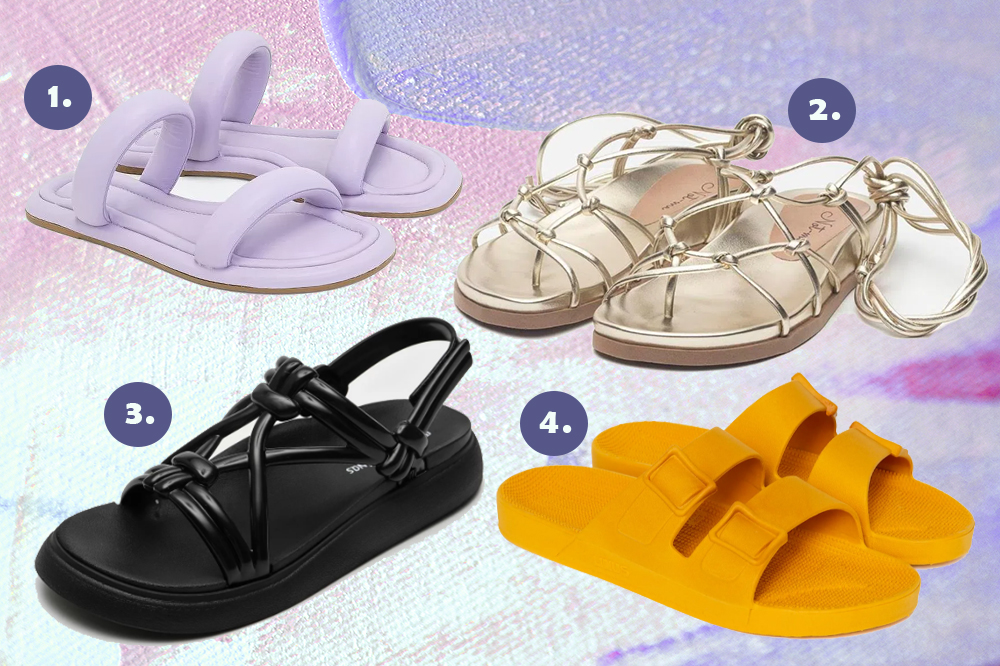 sandalias-rasteirinhas-verao-01 Montagem em fundo lilás com quatro rasteirinhas de verão. Uma lilás, uma dourada, uma preta e uma amarela.