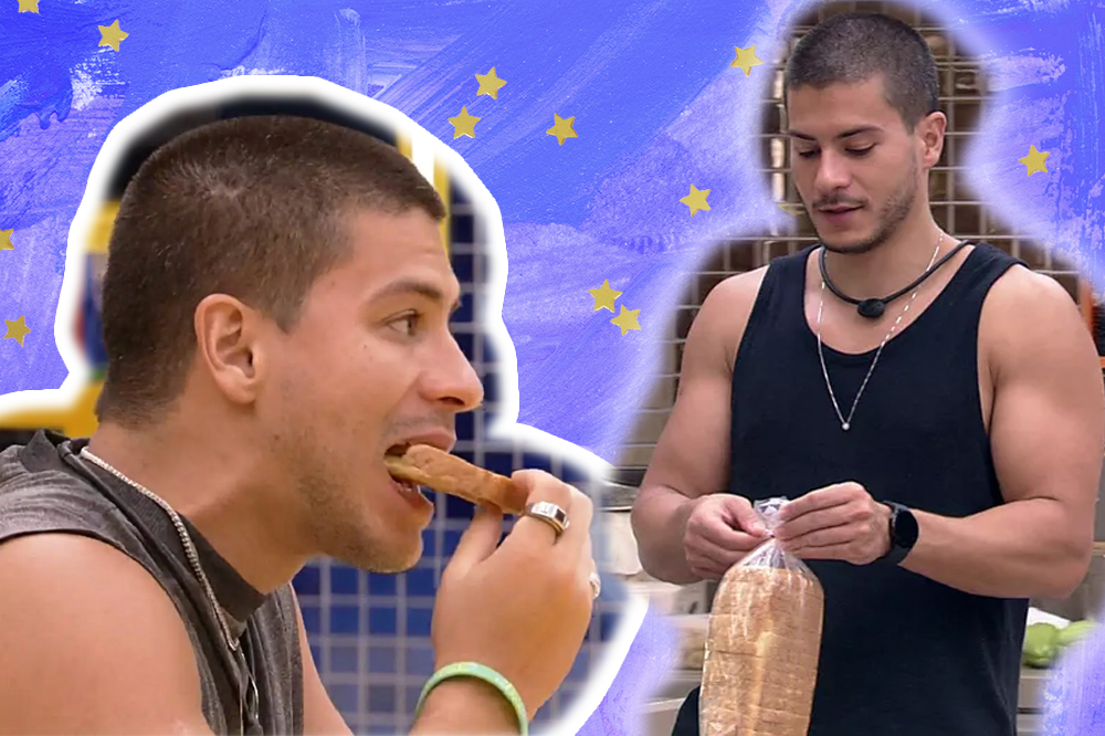 Colagem com fotos de Arthur Aguiar comendo pão de forma no BBB22. Ele está feliz!