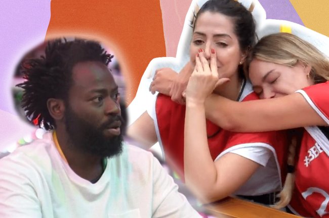 Montagem com as fotos de Douglas, Laís e Bábara, do BBB22. Ele é um homem negro e ela são duas mulheres brancas