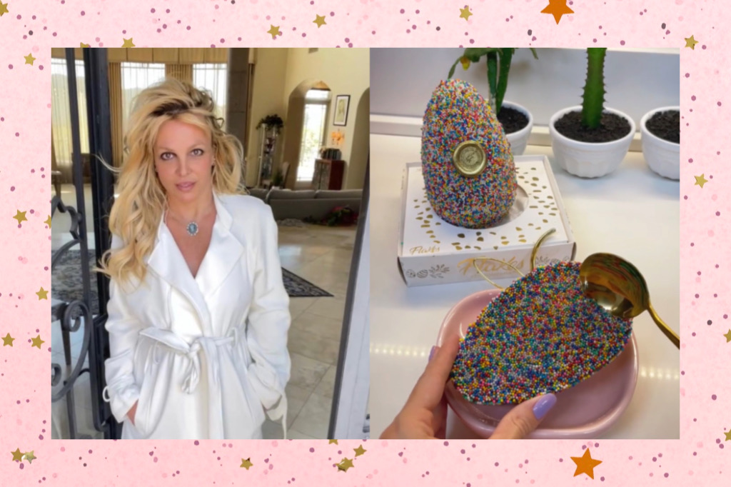 Fundo rosa bebê, cheio de estrelas e brilhos. Montagem com duas fotos, na direita, Britney Spears, branca, loira, usando roupão branco e na esquerda, um ovo de páscoa de chocolate ao leite, com brigadeiro e confeitos coloridos.