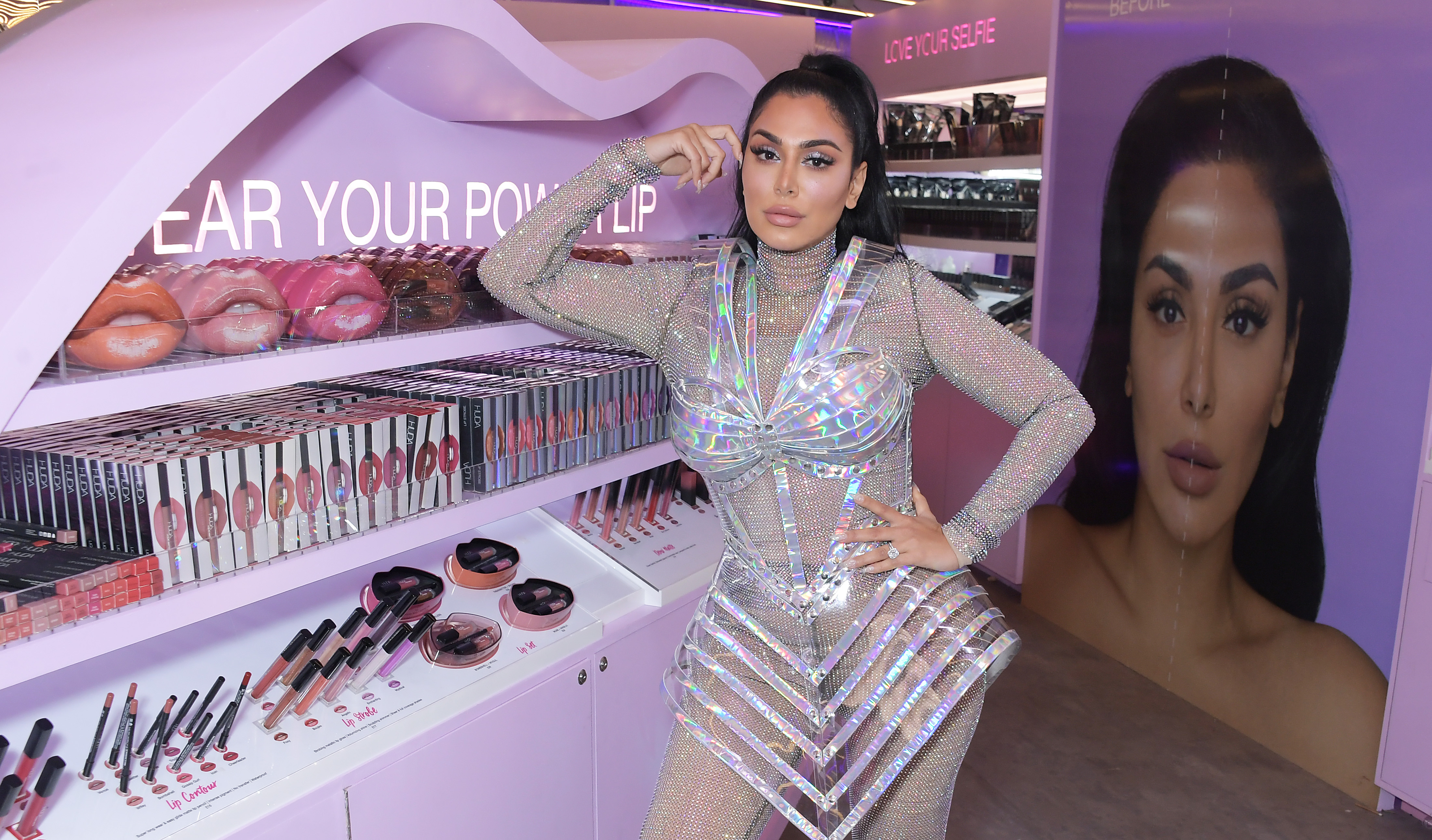 Huda Kattan em lançamento de uma pop-up store da Huda Beauty