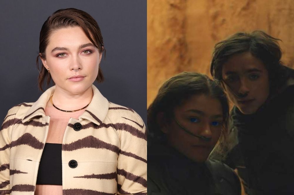 Foto de Florence Pugh no tapete vermelho. Foto de Zendaya e Timothée em Duna.