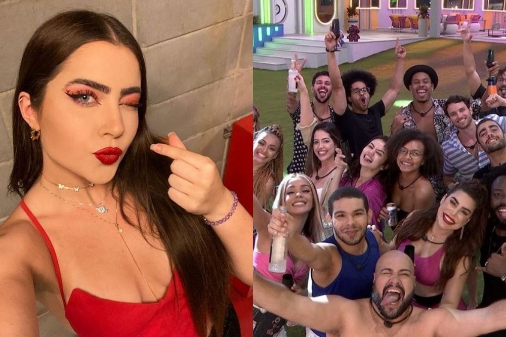 Selfie de Jade Picon e foto do elenco do BBB22 no gramado.