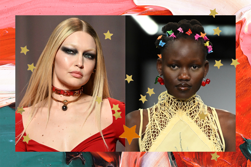 Montagem em fundo com tintas verde, vermelha e rosa e estrelinhas douradas. À esquerda, Gigi Hadid no desfile da Versace com maquiagem preta esfumada, e à direita modelo em desfile da Conner Ives com presilhas coloridas no cabelo