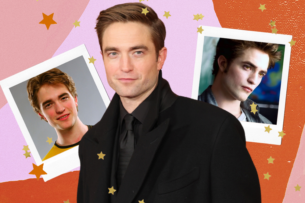 montagem com fundo laranja e rosa e imagens do Robert Pattinson