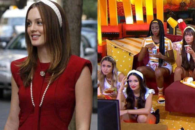 Tiaras Blair Á esquerda, imagem da personagem Blair Waldorf e sua tiara de cabelo e á direita, as participantes do BBB em uma festa do programa, usando o mesmo acessório.