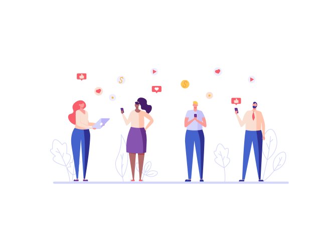 People communicate on social networks with mobile phone. Social network and social media marketing. Concept of smm, mobile marketing, like and repost. Vector illustration for UI, mobile app As plataformas trabalham em cima dos famigerados algoritmos, aqueles códigos que a gente não entende super bem, mas que definem o que vai aparecer no nosso feed