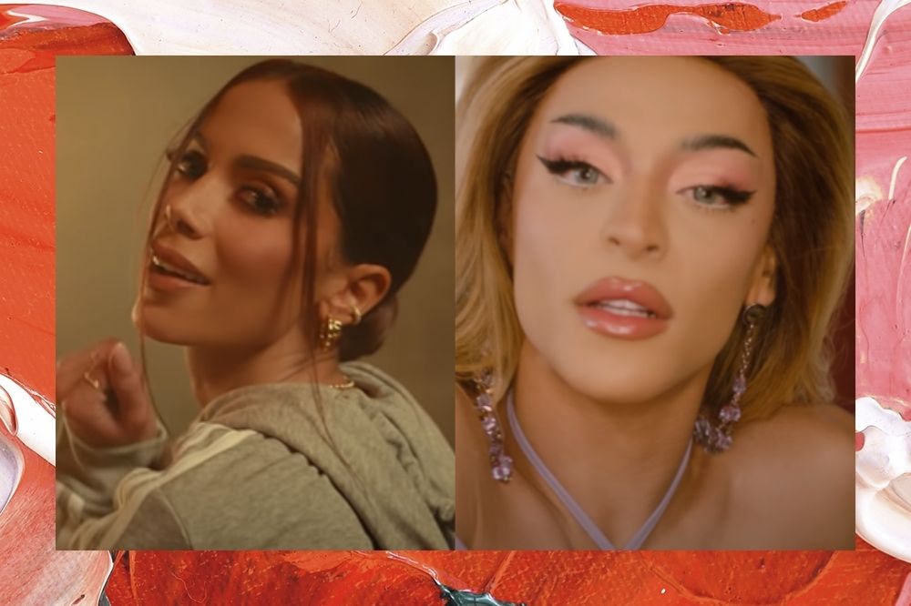 Duas imagens; na primeira Anitta sorrindo e na segunda Pabllo Vittar com expressão neutra; a margem é uma textura nas cores rosa, vermelho e branco