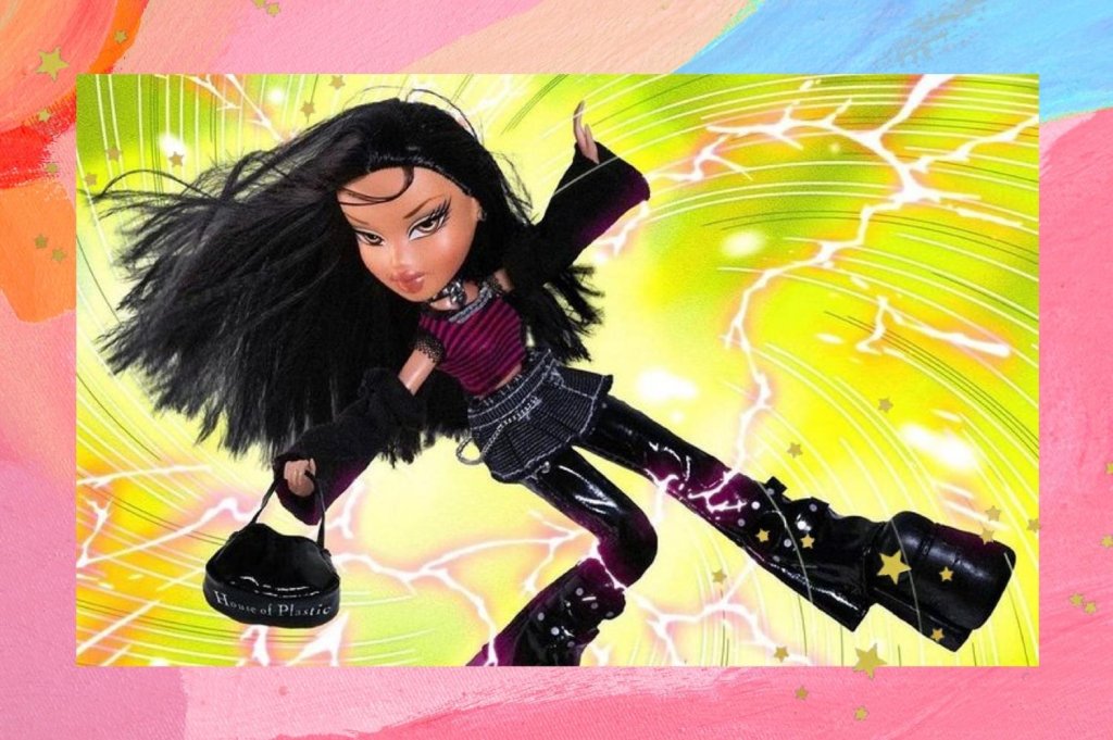 Montagem com o fundo colorido e detalhe de estrelinhas douradas nas bordas com a foto do desenho de uma Bratz no centro.