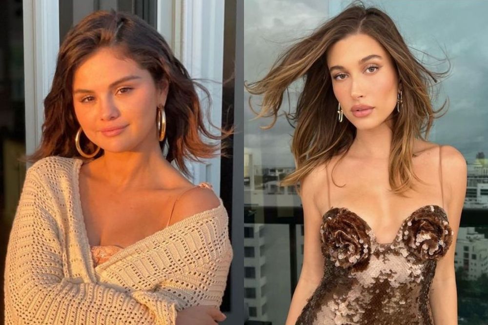 Selena Gomez e Hailey Bieber posando para fotos