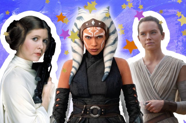 Montagem com personagens femininas de Star Wars sobre uma tela azul