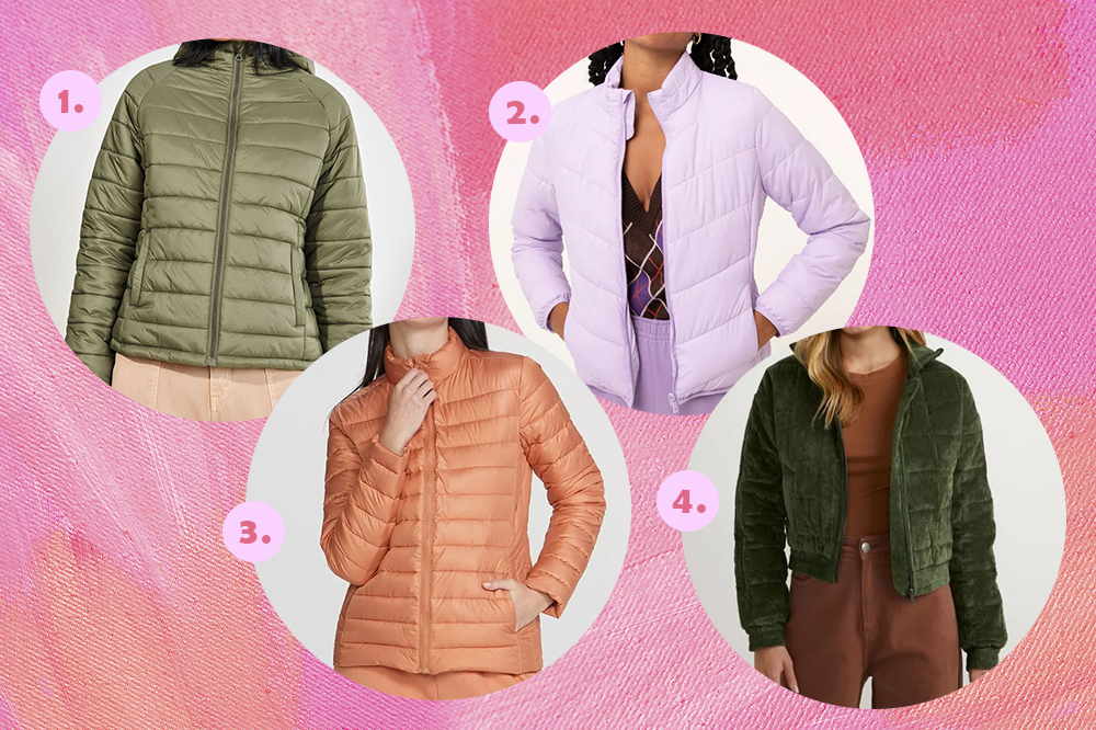tendencia-jaqueta-puffer-inverno-01 Montagem em fundo rosa com quatro modelos de jaqueta puffer. Uma verde, uma lilás, uma laranja e outra verde de veludo