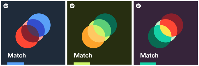 Três logos do Spotify Match com vários círculos sobrepostos em diferentes cores