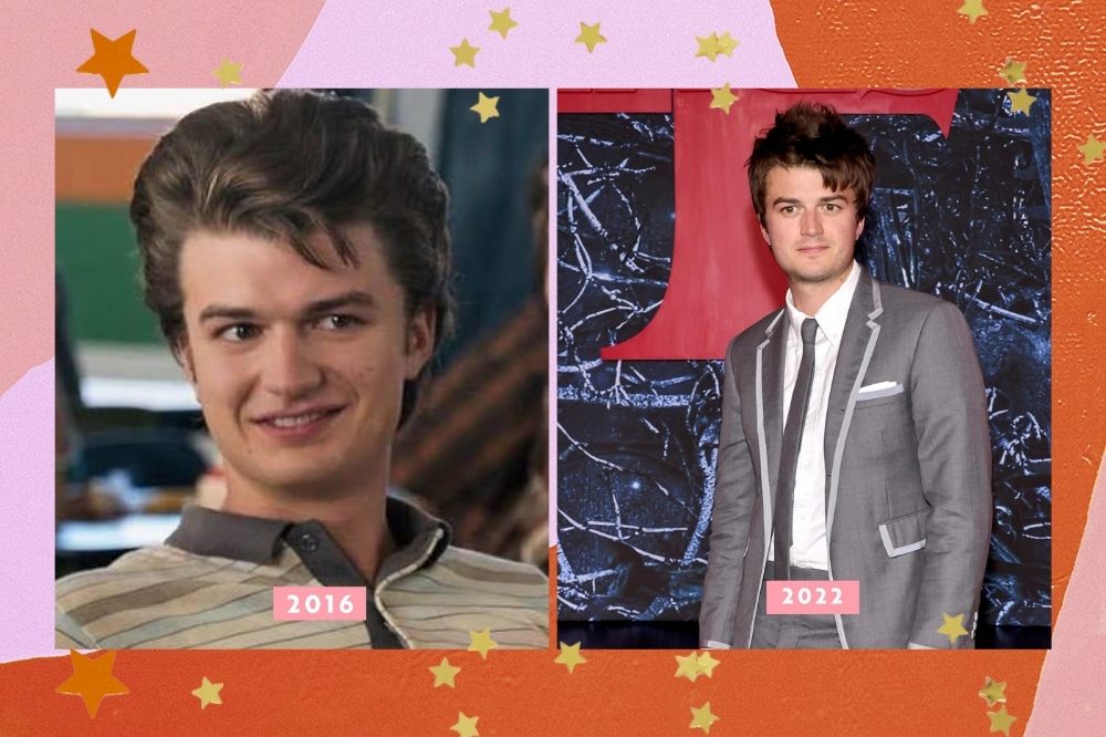 Joe Keery em 2016 e, atualmente, em 2022.Montagem com borda colorida com as cores laranja rosa e estrelas mostrando as diferenças na aparência do elenco de stranger things.