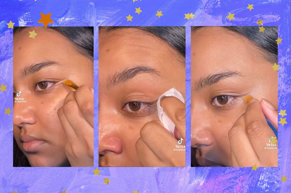 O delineado “invisível” é o mais novo viral do TikTok e nós adoramos passo a passo Montagem em fundo com textura roxa com pinceladas de tinta de três fotos da TikToker May Akhtar delimitando os olhos com corretivo para criar um delineado invisível nos olhos.