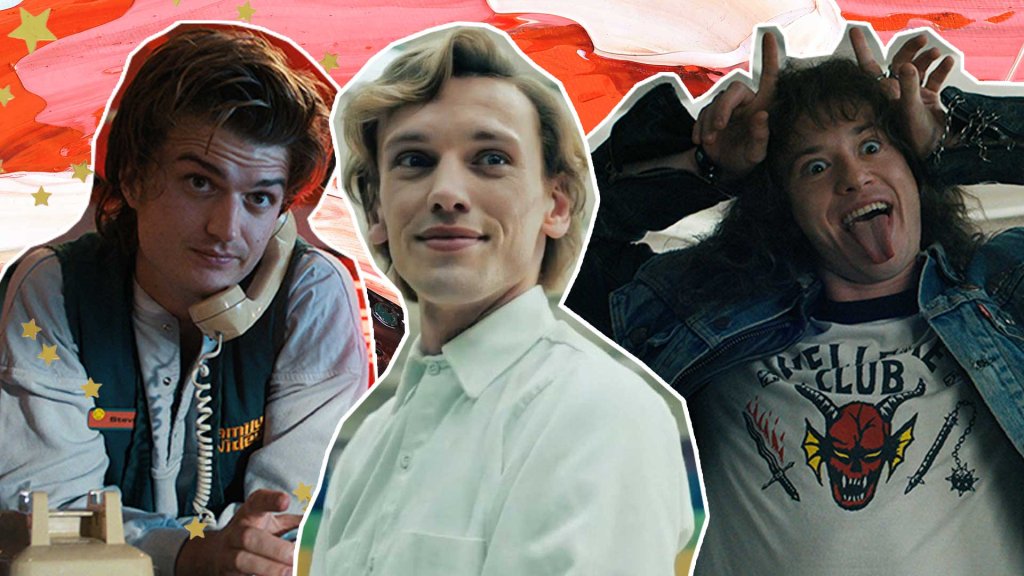 Steve, 001 e Eddie, personagens de Stranger Things; o fundo é uma textura de tintas nas cores rosa, laranja e branco com estrelas amarelas como decoração