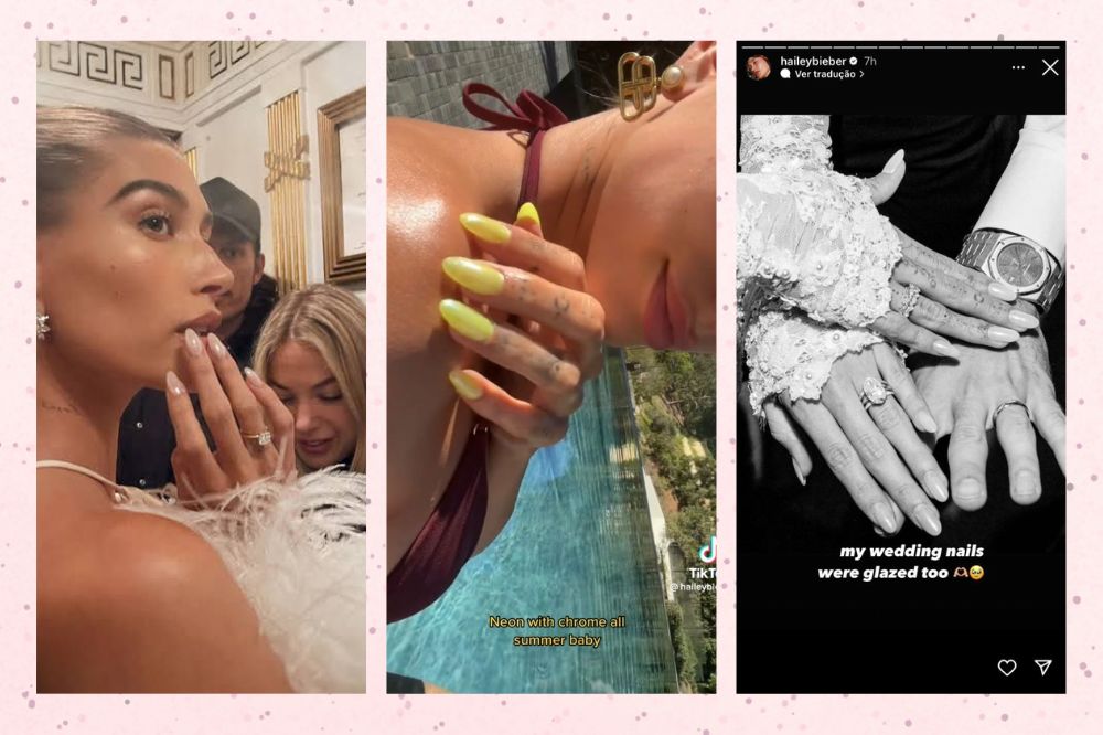 Montagem em fundo rosa com textura roxa com pinceladas de tinta três fotos da modelo e criadora da marca de skincare Rhode,Hailey Bieber, com glazed donut nails.